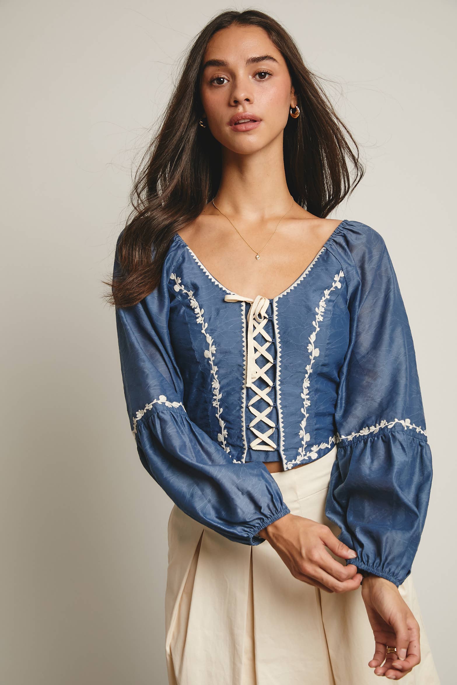 Forte - Wholesale Blouse - Women's - Lace-Up Embroidered Puff Sleeve Top FT0007 17