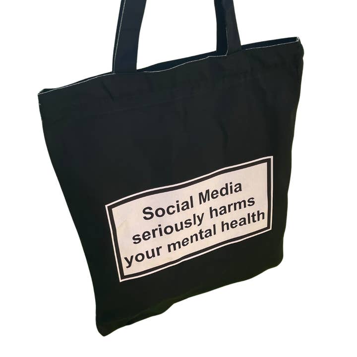 Black 'Social Media Warning' Tote Bag - Heavyweight with Zip for wholesale by ZZZEBRAAA LIMITED