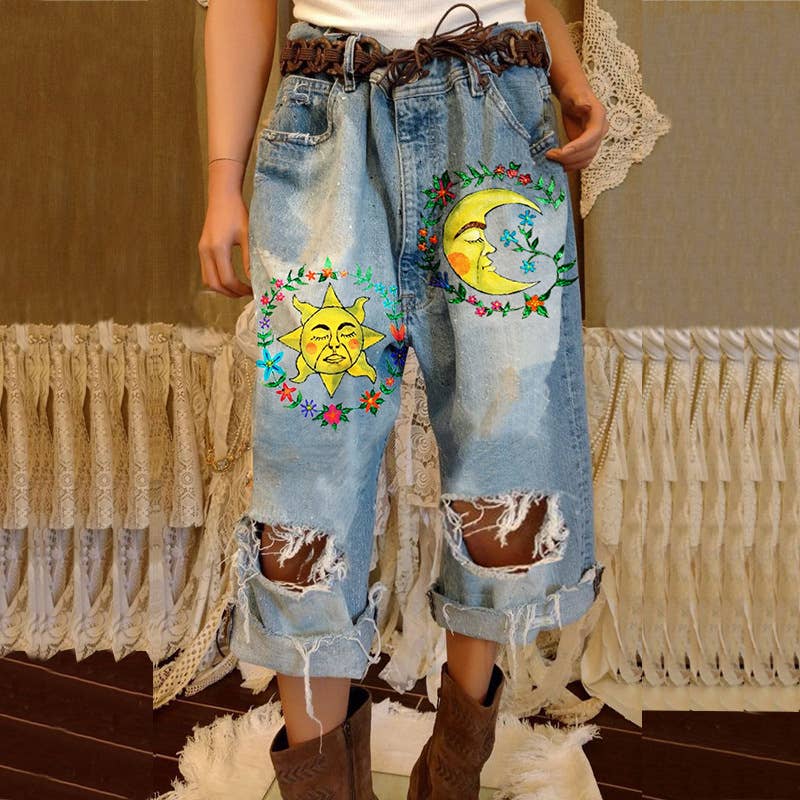 Tourtiwi - Wholesale Jeans - Women's - Women's sun face moon print ripped loose jeans1