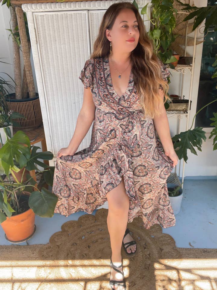 Silk Adjustable Ruffle Wrap Dress - Limited batch (Brown/Red for wholesale by Pink and Silver