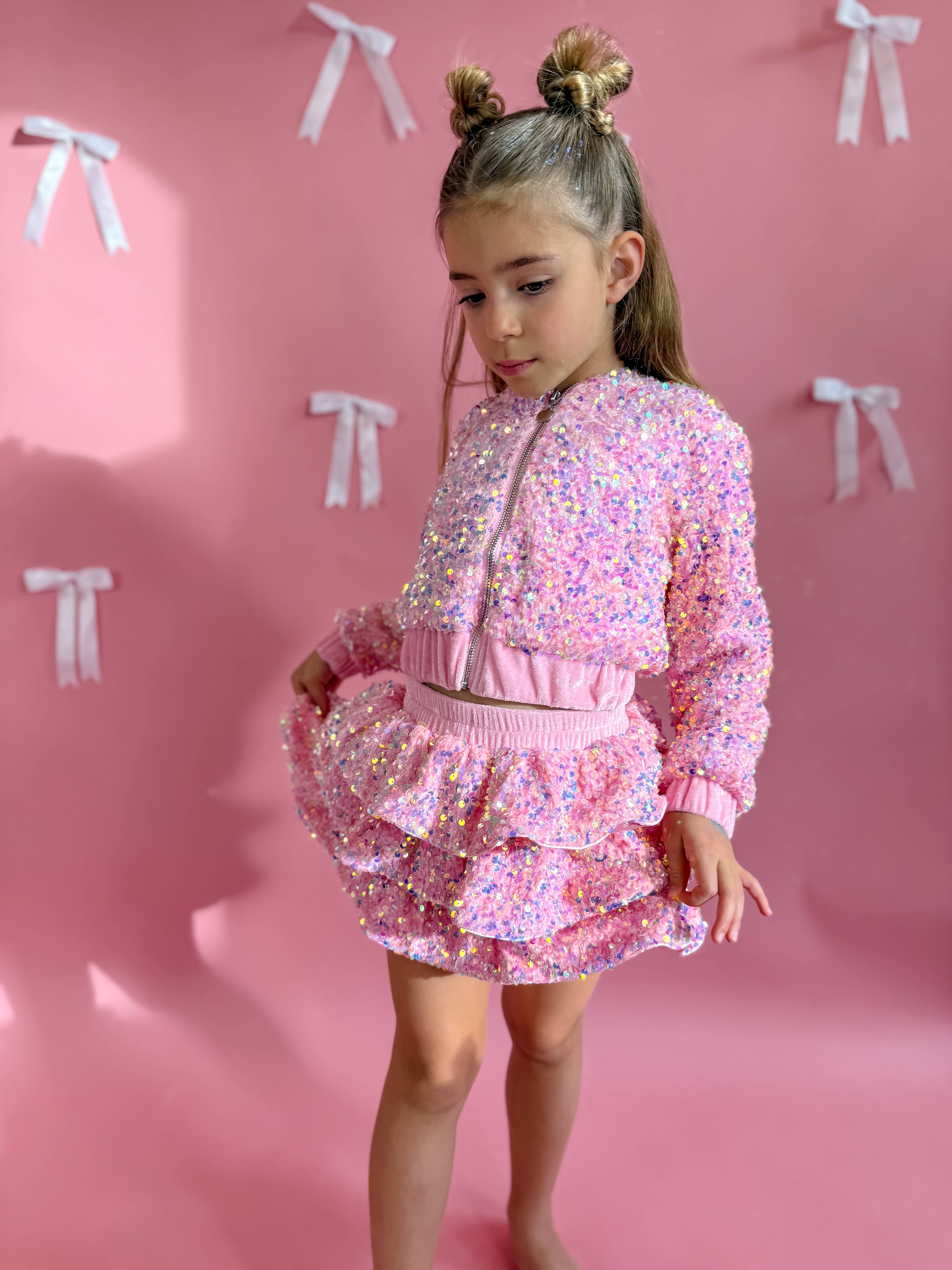 Ellie and Mila - Venta al por mayor Conjunto de camiseta y pantalón - Niños - Conjunto de dos piezas rosa con lentejuelas2
