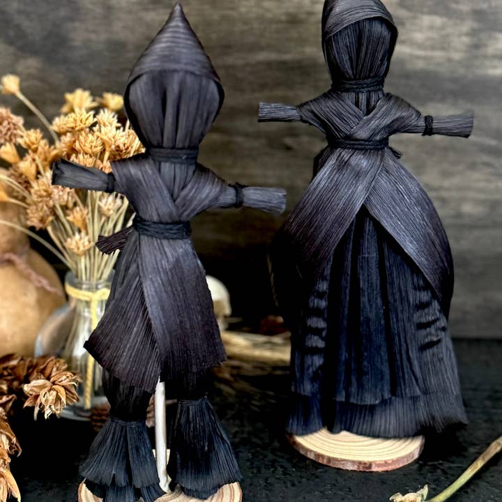 Corn Husk Doll / Folk Poppet with Smock and Hood - Black for wholesale by The Crimson Poppeteer