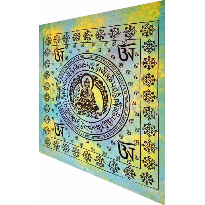 Buddhistisk Om Symbol Fuld Størrelse Tapestry Wall Hængende med Syv Chakra Symbol Border for engroshandel hos Wild Lotus