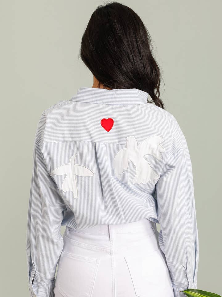 Blue Striped Cotton Shirt with Back Embroidery – X53-1 for wholesale on Faire