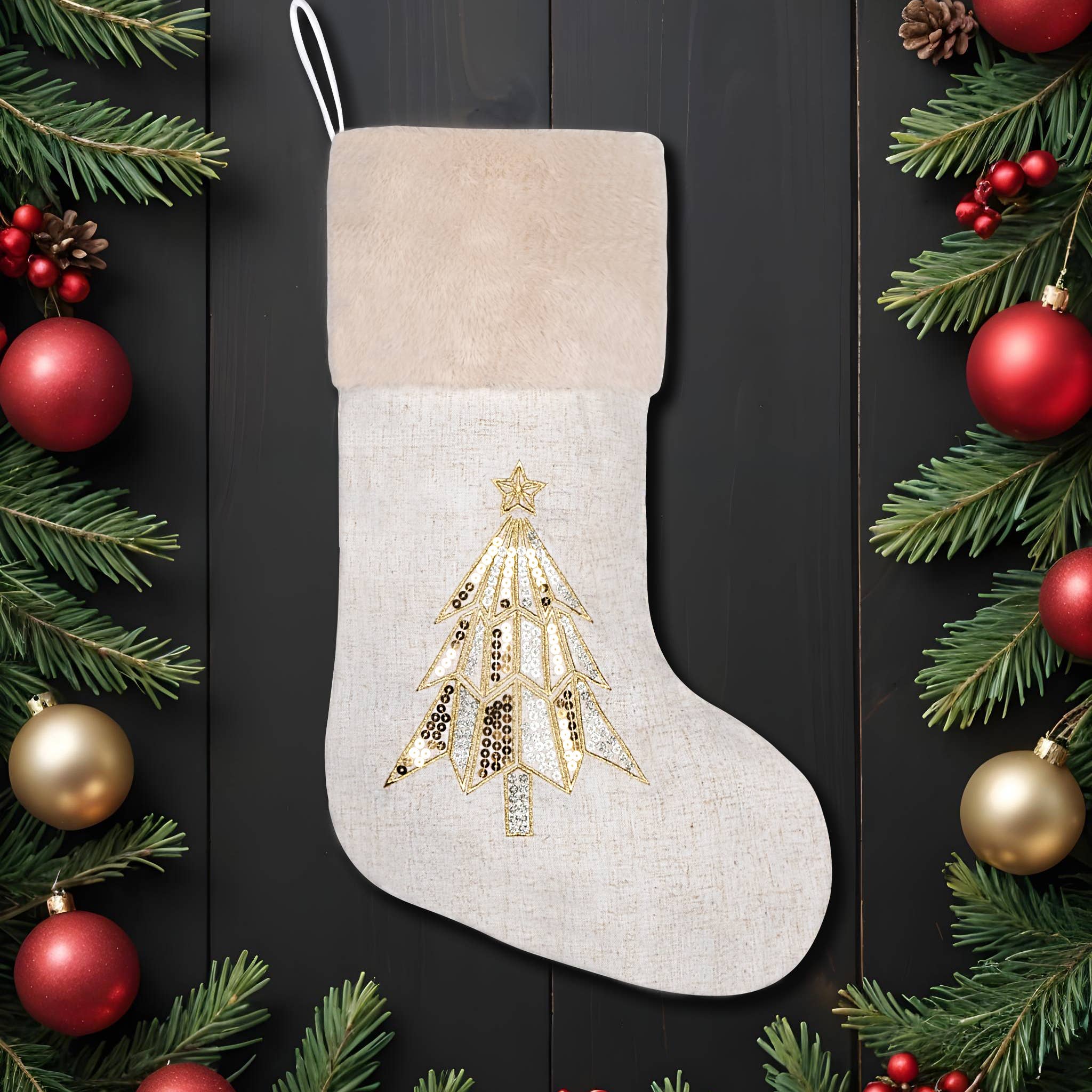 GEXWORLDWIDE – wholesale Holiday Stocking – Linen Sequin Embroidered Christmas Stockings
4