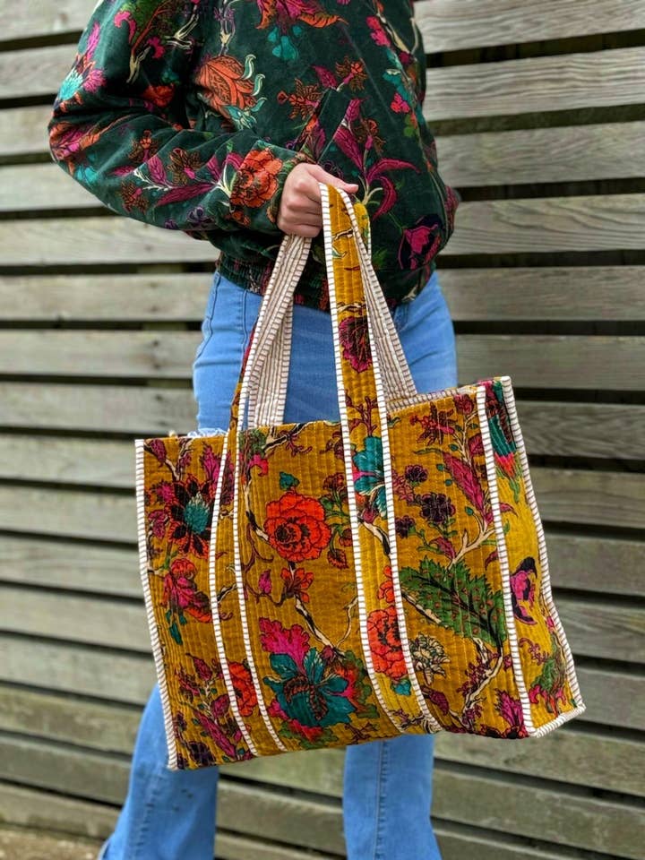 Quilted Velvet Cotton Reversible Extra Large Tote Bag Beach Weekender Eco friendly Sustainable Sturdy Grocery Shopping Ochre Mustard Lime for wholesale by Essential Designs London