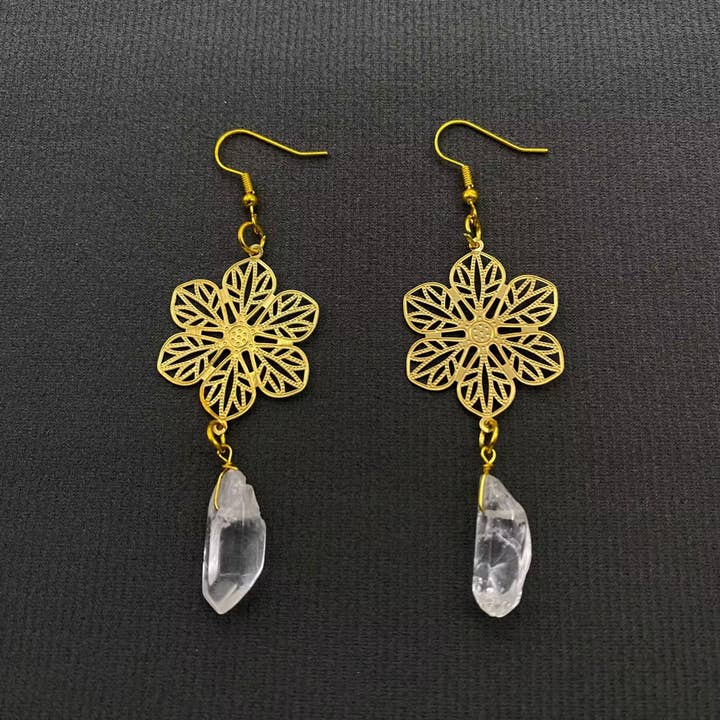 White Crystal Gold Plated Snowflakes Charm Dangle Earrings for wholesale by Mio Queena
