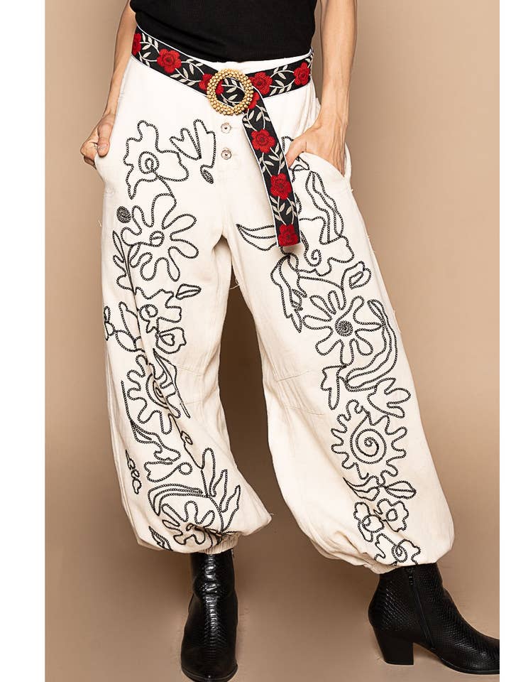 Pol Clothing - Wholesale Pants - Women's - Floral embroidered pattern solid twill pants