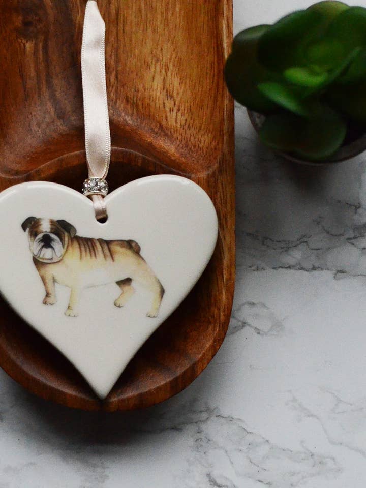 English Bulldog Ceramic Heart for wholesale by Dimbleby Ceramics