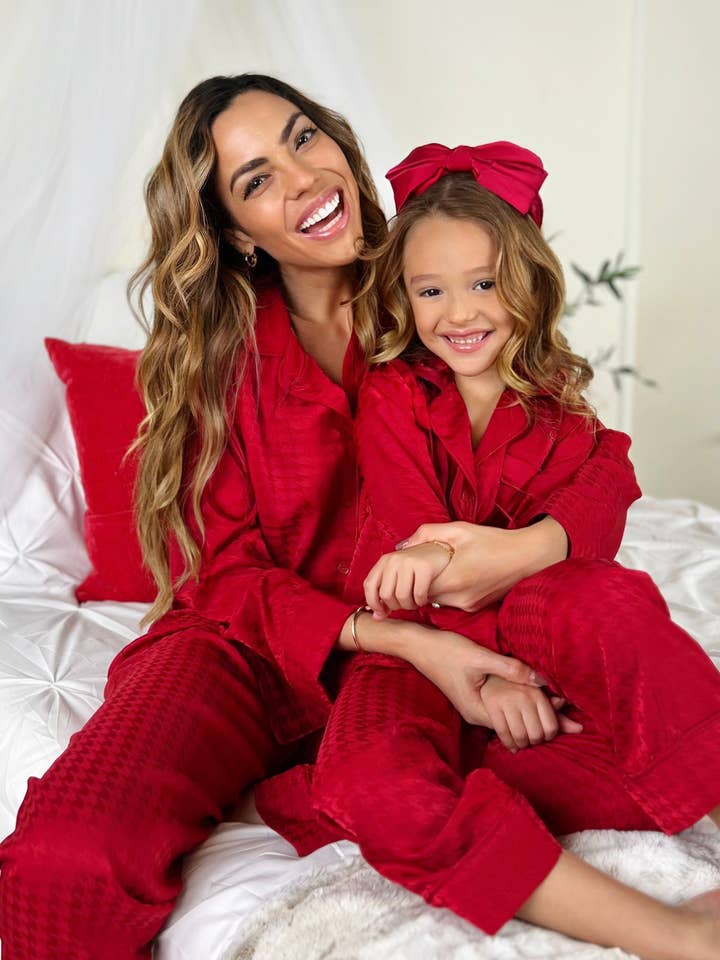 Mommy and Me Red Houndstooth Silk Pajama Set for wholesale on Faire1