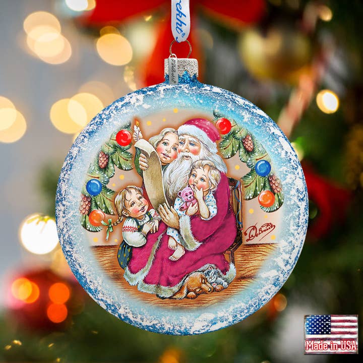Santa List Circle Glass Ornament Holiday Splendor Debrekht voor wholesale door G.DeBrekht Artistic Studios