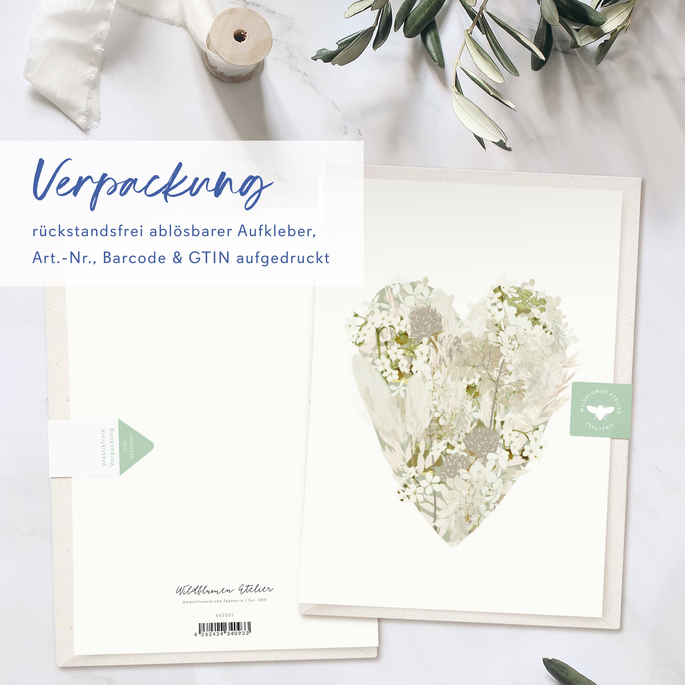 Wildblumen Atelier - Wholesale Love Card - Folded card flowers heart cream with envelope, FSC paper3