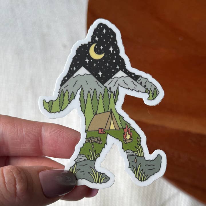 Bigfoot Camping Mountain Sticker for wholesale by Big Moods
