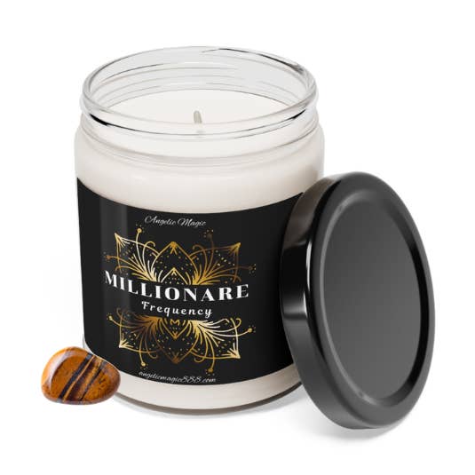 Bougie de soja Millionaire Frequency 8 oz avec cristal œil de tigre pour la vente par Angelic Magic
