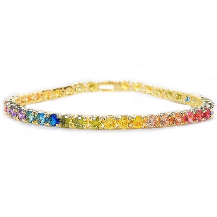 Rainbow Princess Cut Tennis Bracelet in 14K Gold Plating for wholesale by Golden NYC Jewelry