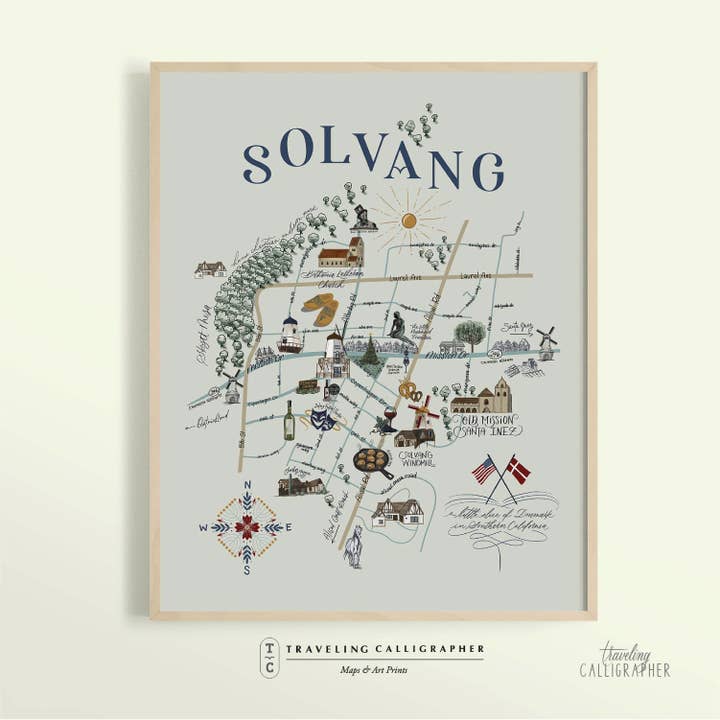 Solvang Neighborhood Map Print (3 sizes) for wholesale by Traveling Calligrapher