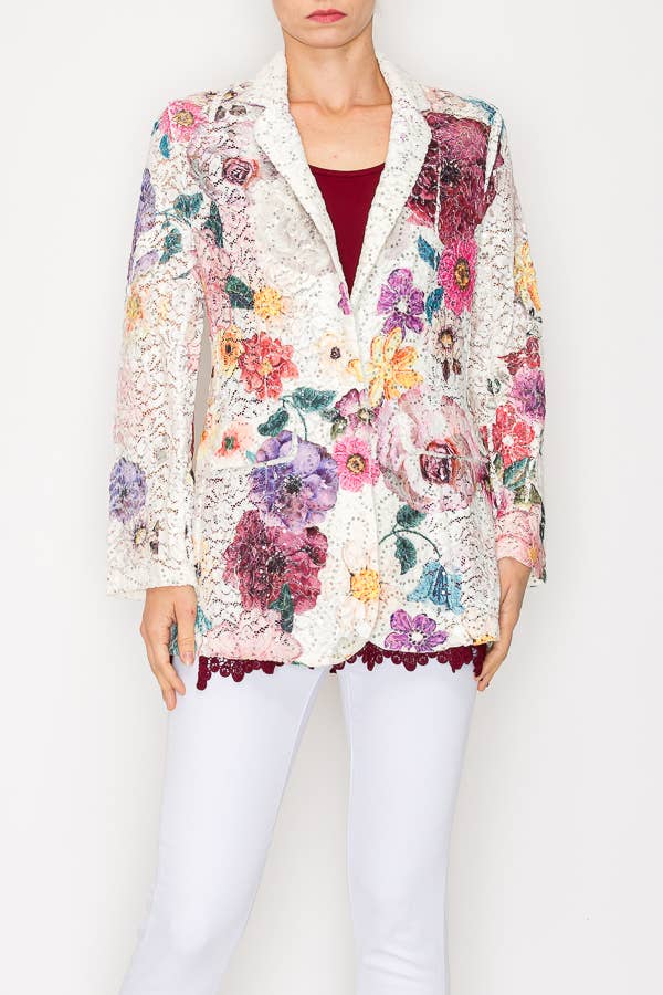Glam Sequin Embellished Lace Blazer Jacket- 4800IV PURPLE FL for wholesale on Faire