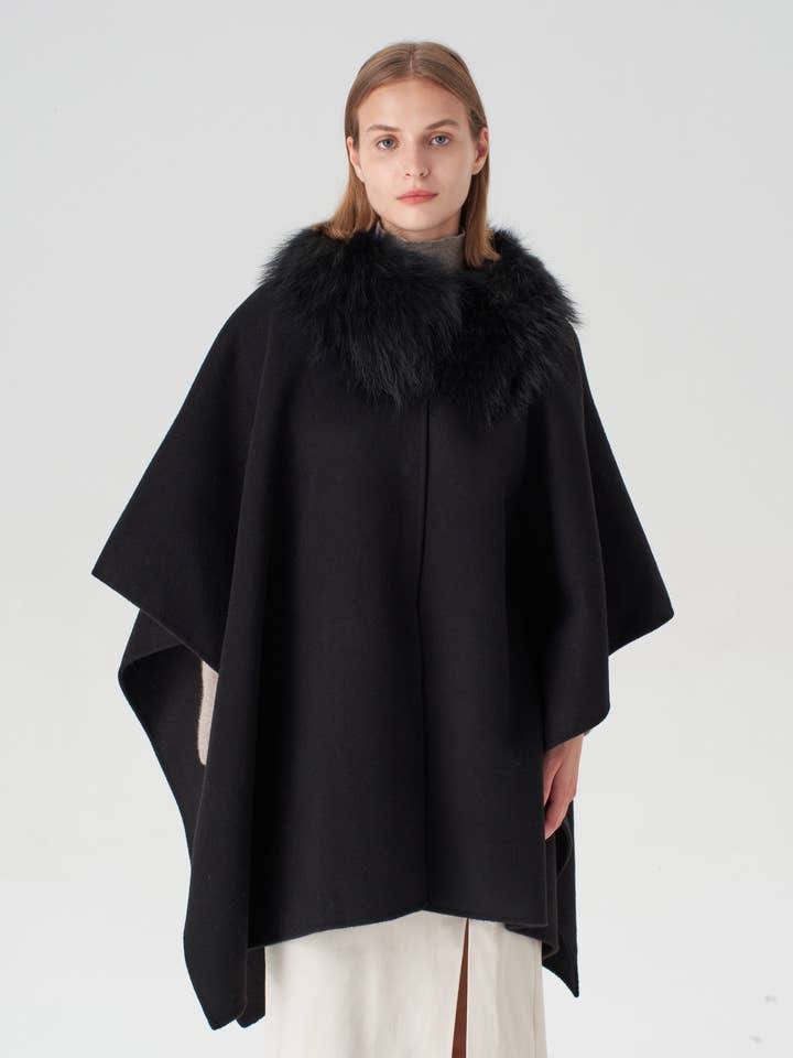 Cashmere Cape with Detachable Fur Collar - Black for wholesale by Pissenlit
