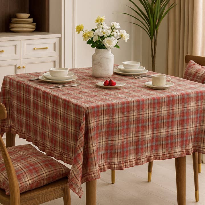 Nappe tissée en coton à carreaux bordeaux à bordure volantée pour la vente par Fennco Styles