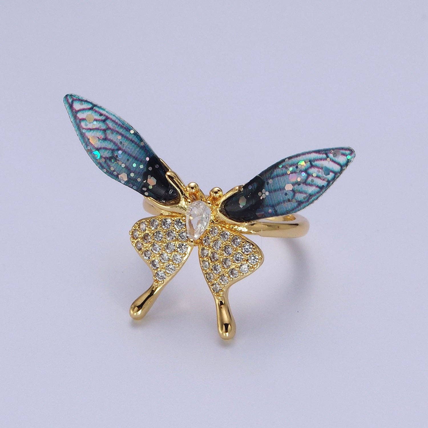 Aim Eternal - Wholesale Cocktail/Statement Ring - Fuchsia, Blue Micro Paved Butterfly Wings Teardrop Insect Gold Rings | Y400 Y4012