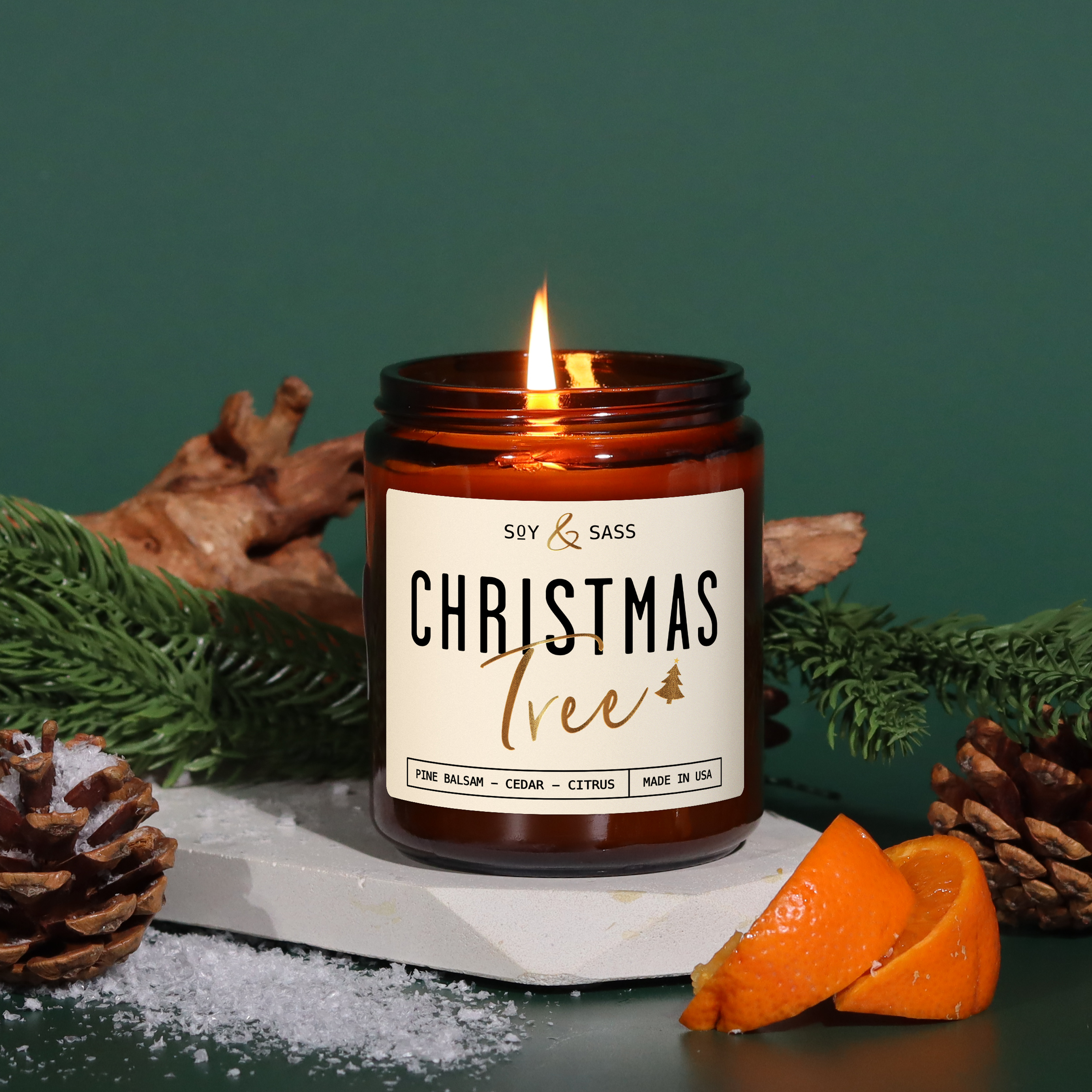 Soy and Sass – wholesale Jar/filled candle – Christmas Tree Soy Candle - Christmas Candles MADE IN USA3