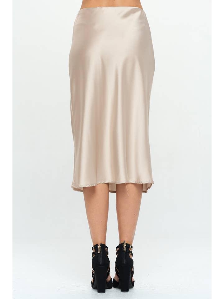 BEIGE Made in USA Solid Satin Midi Skirt for wholesale on Faire3