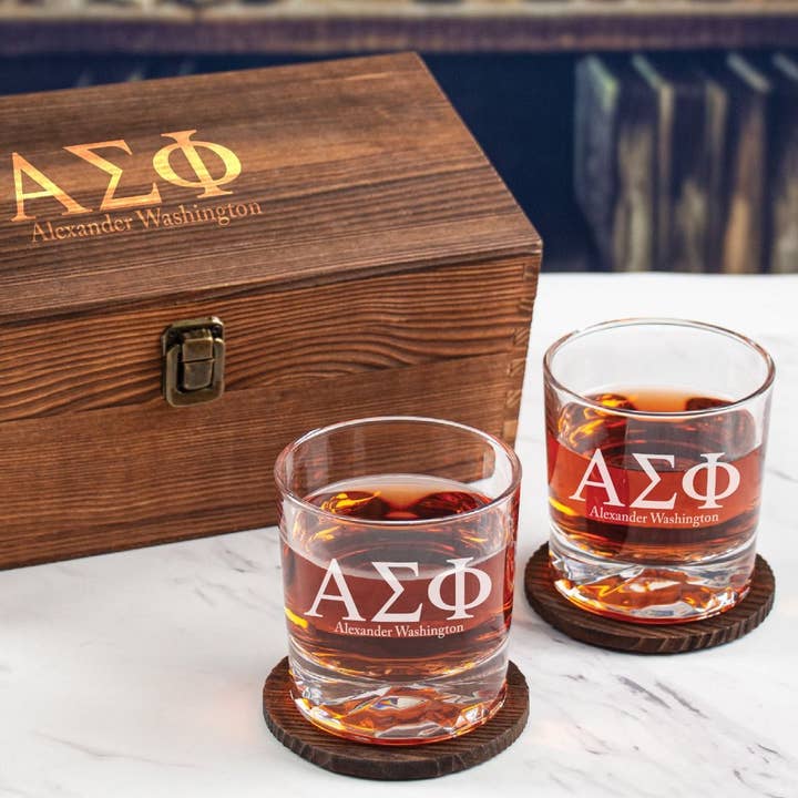 MB Brands Inc - Wholesale Cocktail/Liquor Glass - Alpha Sigma Phi Custom Engraved Personalized Whiskey Glasses In Wood Gift Box