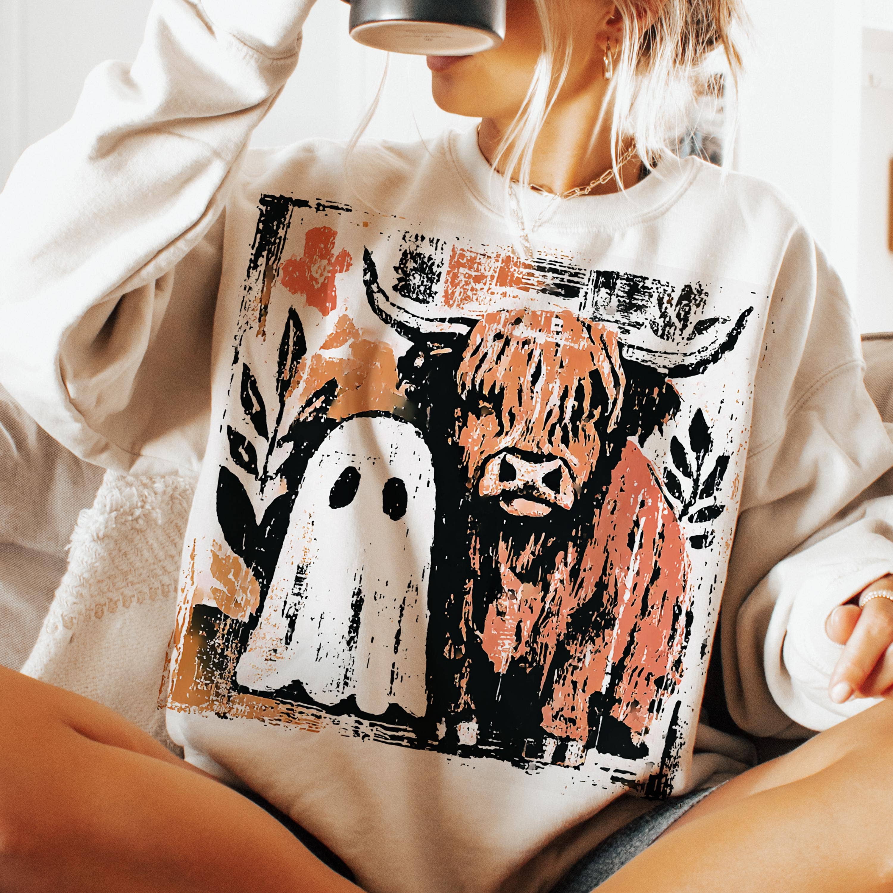 NVC Ecommerce LLC - Wholesale T-Shirt (Graphic) - Women's - Cute fall Highland Cow Ghost Shirt, Spooky Season Sweatshirt0