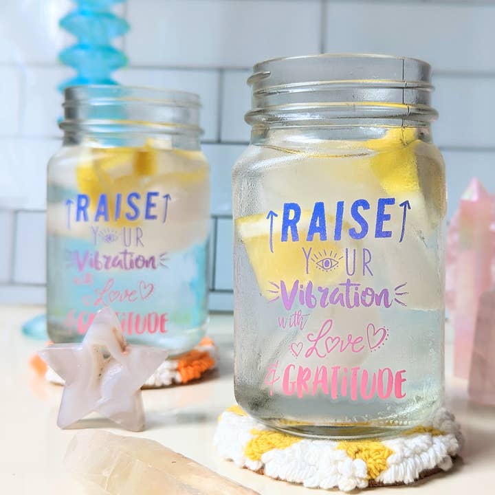 Love Gratitude Mason Jars Moon Cup Glass Smoothie High Vibe for wholesale by Goddess Provisions