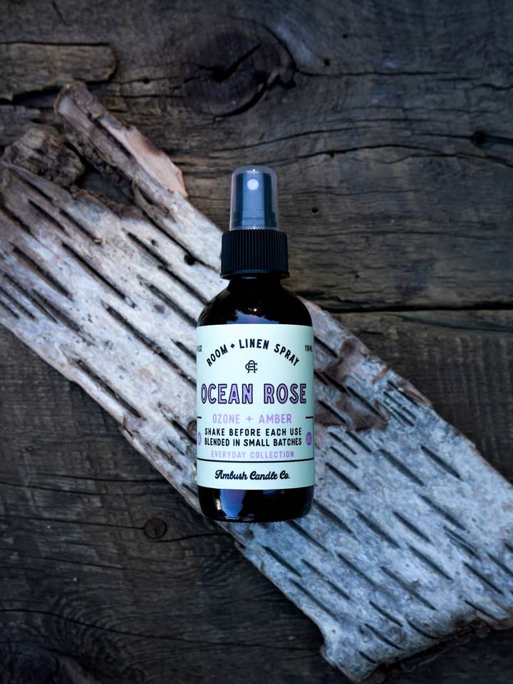 Ocean Rose | Ozone + Amber 4oz Room + Linen Spray for wholesale by Ambush Candle Co.