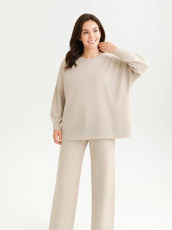 SOFT KNIT OVERSIZED TOP WITH RHINESTONES MATCHED WITH STRAIG for wholesale by Lucy Sparks