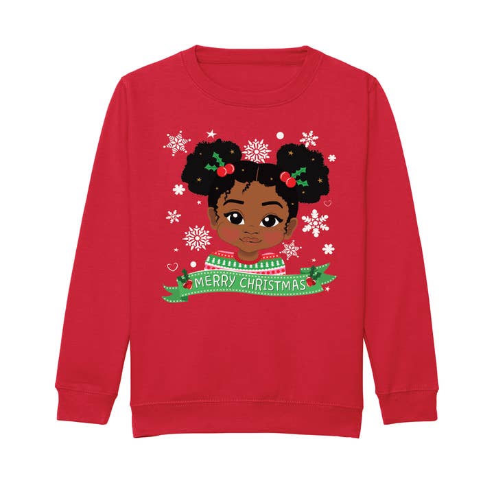 Fefus Designs – wholesale Sweatshirt - Kids – Black Girl Afro Puffs Christmas Sweatshirt – Holiday Jumper | Fefus Designs2