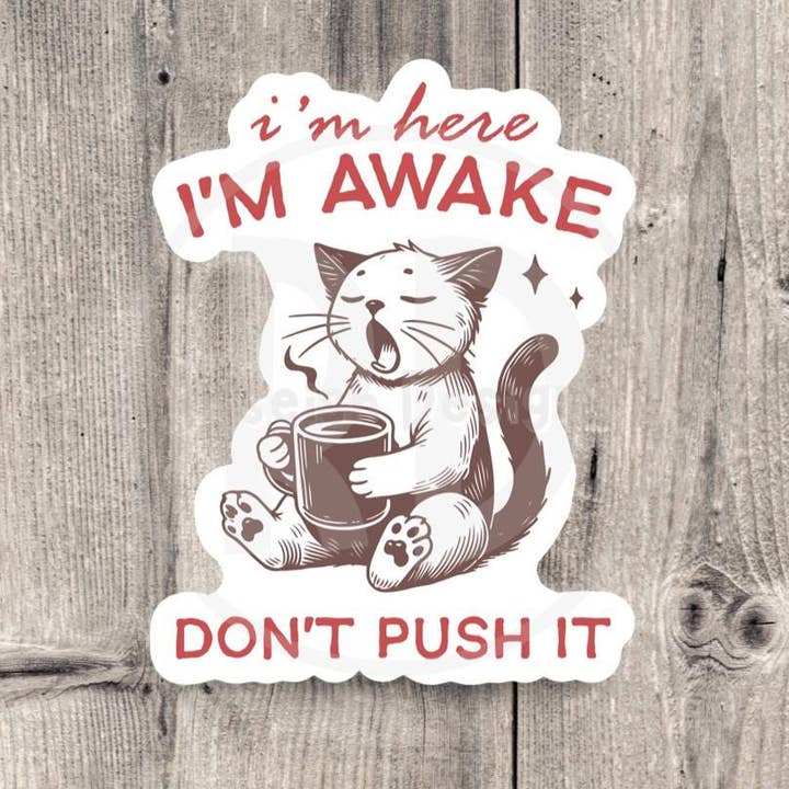I’m here, I’m awake, Don’t push it quote, funny cat water bottle sticker, laptop sticker, sarcastic quote, sassy work sticker, mental health for wholesale by Roseish Designs
