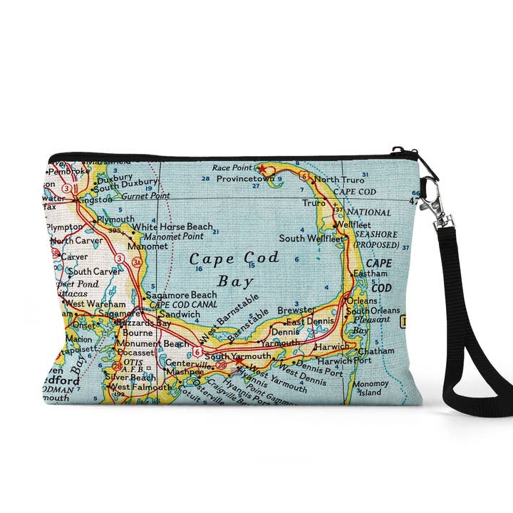 Cape Cod Massachusetts Map Wristlet Zipper Pouch Makeup Bag for wholesale by Daisy Mae Designs