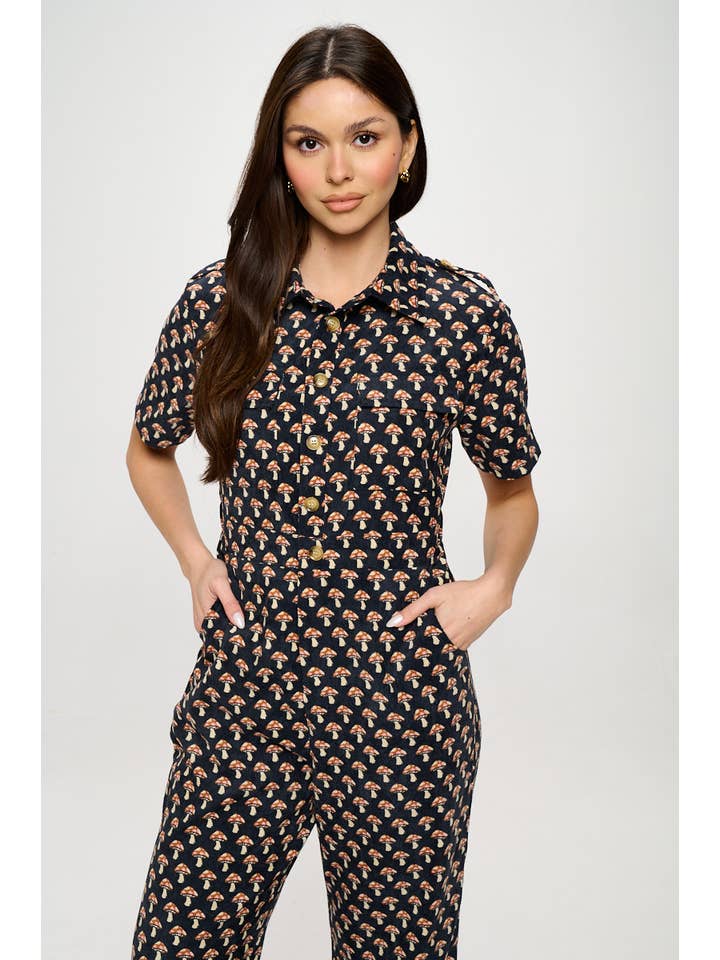 SM WARDROBE - Wholesale Jumpsuit - Women's - MUSHROOM PRINT CORDUROY JUMPSUIT OVERALL