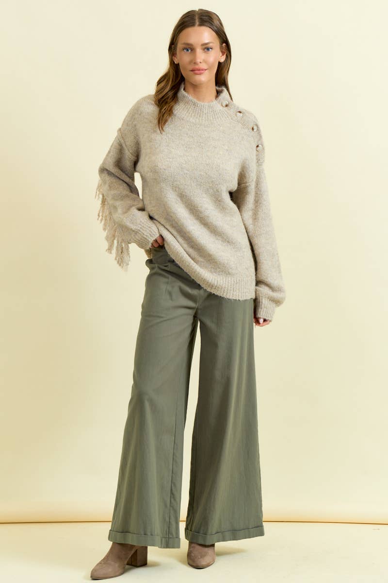 Doe and Rae - Wholesale Knit Sweater - Women's - FRINGE BACK MOCK NECK BLOUSON SLEEVE SWEATER - 45347T4