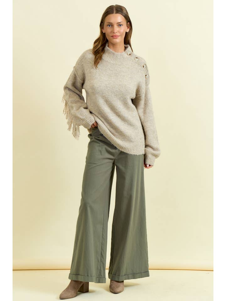 Doe and Rae - Wholesale Knit Sweater - Women's - FRINGE BACK MOCK NECK BLOUSON SLEEVE SWEATER - 45347T4