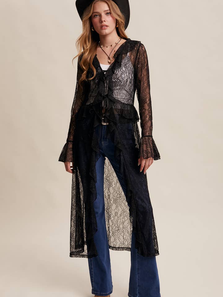 Sheer Lace Ruffle Duster LJ0259 for wholesale by Listicle