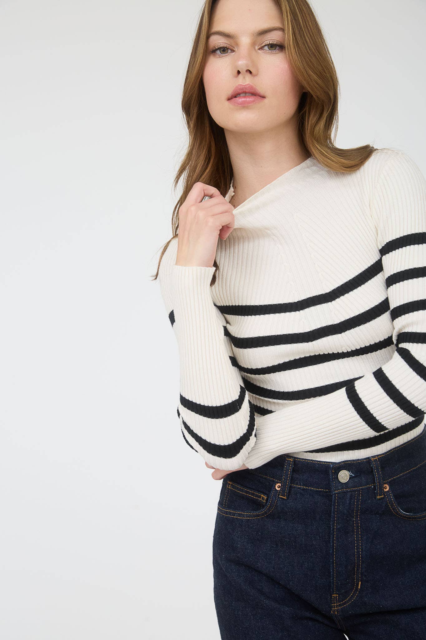 The Workshop Studio - Wholesale Knit Sweater - Women's - MOCK NECK STRIPE LONG SLEEVE SWEATER KNIT PULLOVER25