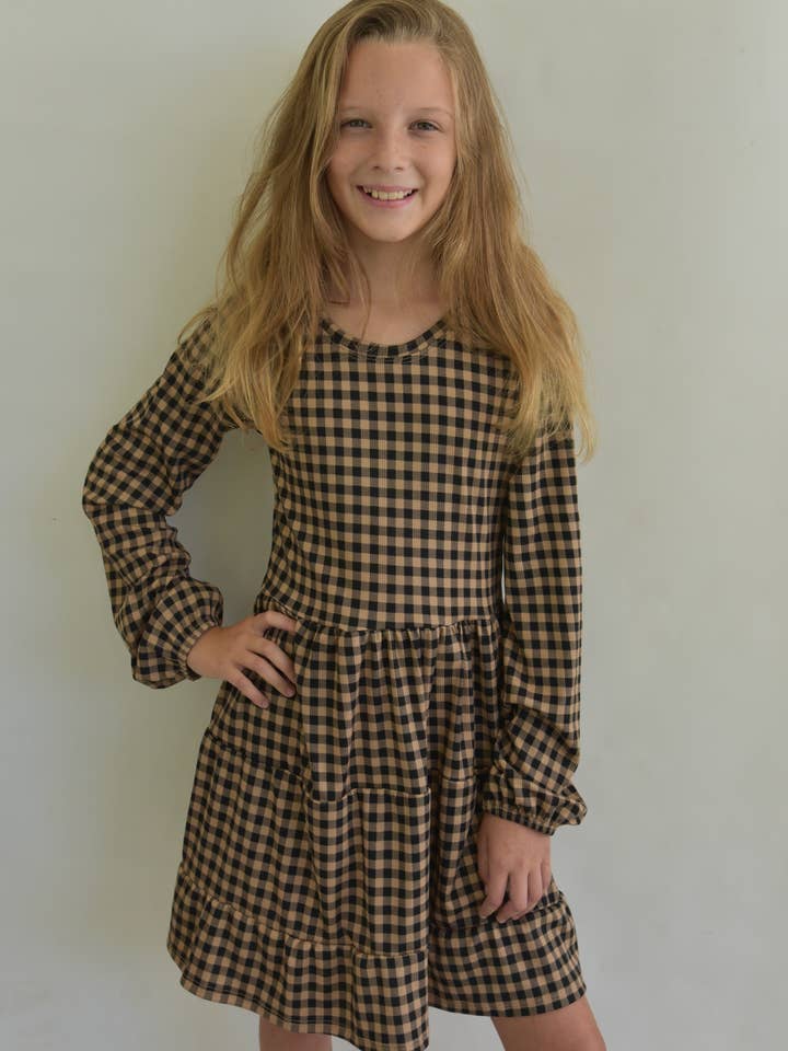 Camel and black plaid dress for wholesale by Areacode407KIDS