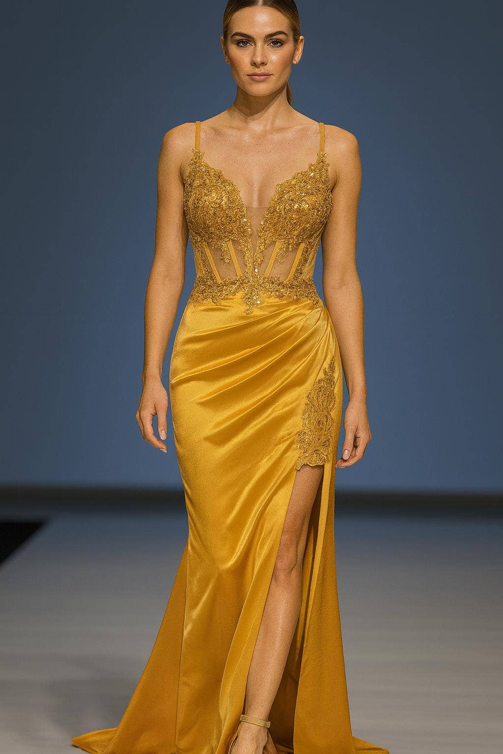 La Veneto - Wholesale Dress - Women's -  Deep v-neckline, thin straps, embellished bodice & leg slit18