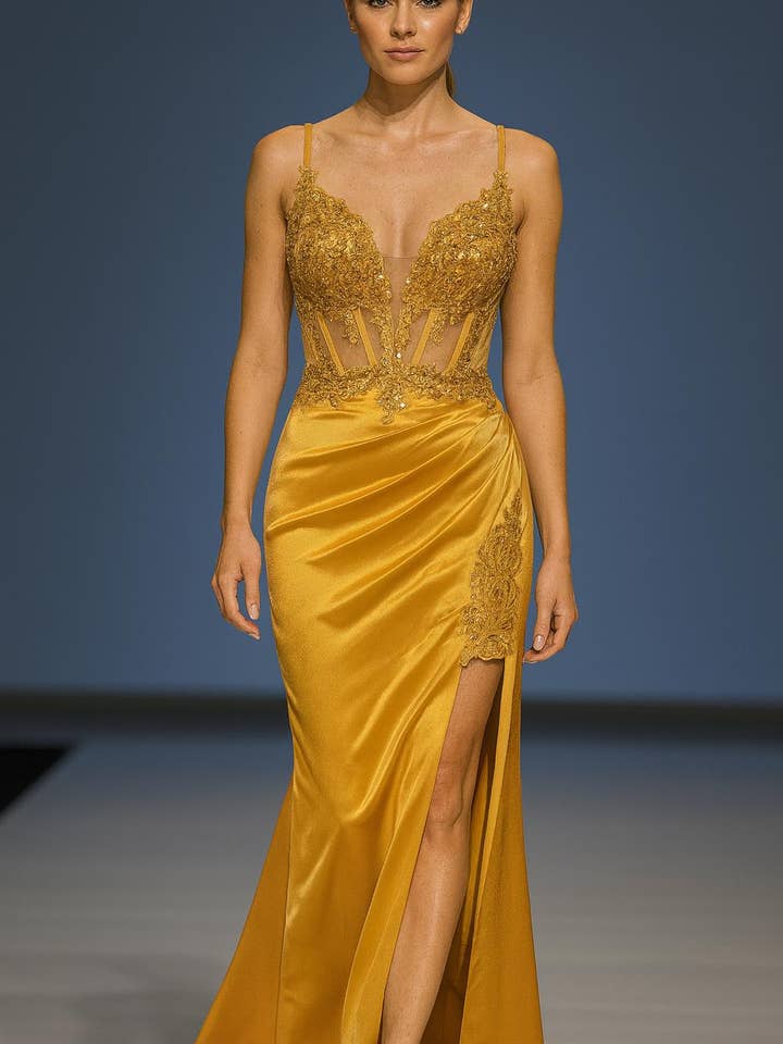 La Veneto - Wholesale Dress - Women's - Deep v-neckline, thin straps, embellished bodice & leg slit18