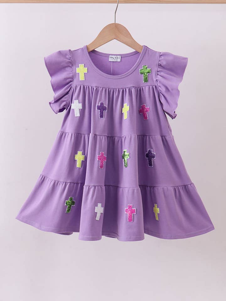 Robe à volants à sequins croisés lavande pour la vente par Aspen Rain Boutique