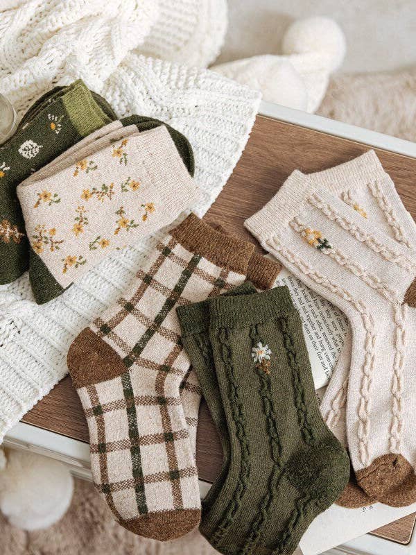 Floral wool socks  Women Winter Socks gift wool flowers floral Korean Japanese green and other Purchase wholesale socken. Free returns & net 60 terms on Faire trending on Faire.