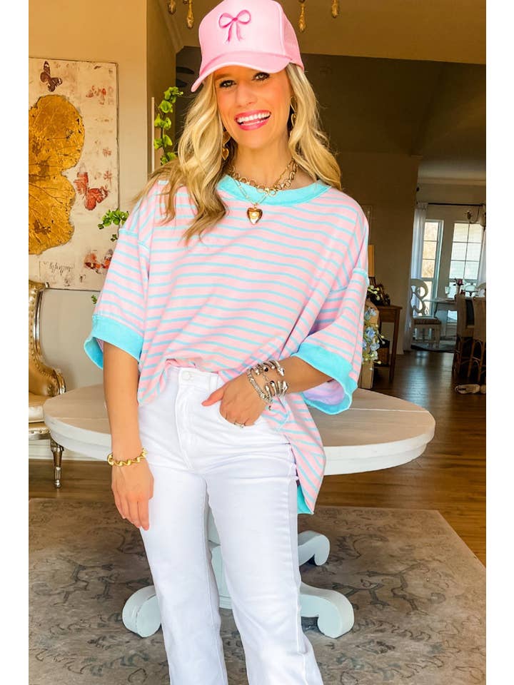 Pink Stripe Colorblock Drop Sleeve Loose Top for wholesale on Faire4