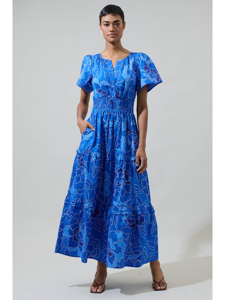 COBALTS Maris Floral Palmer Poplin Tiered Maxi Dress for wholesale on Faire