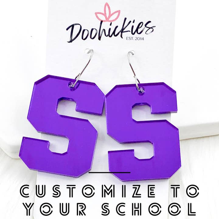 Pendientes Spirit con letras brillantes del equipo universitario de 1.5 pulgadas (deja nota con letras) para venta al por mayor de Doohickies