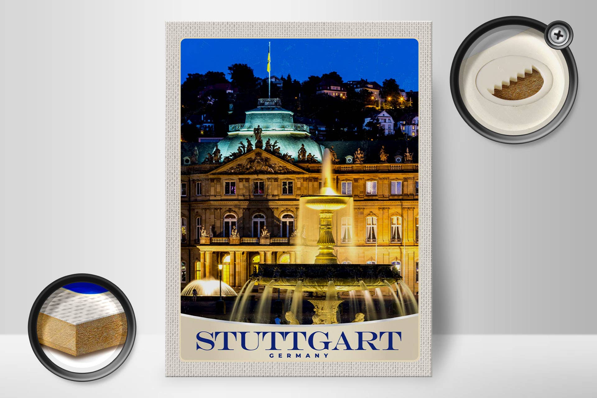 Femer – Engroshandel Skilt – Rejseskilt af træ 30x40cm Stuttgart Tyskland Schloss Abend1