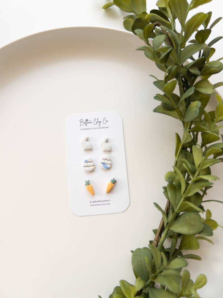 Spring Earring Collection | Studs | Rabbit Easter Egg Carrot for wholesale by Belltina Clay Co.
