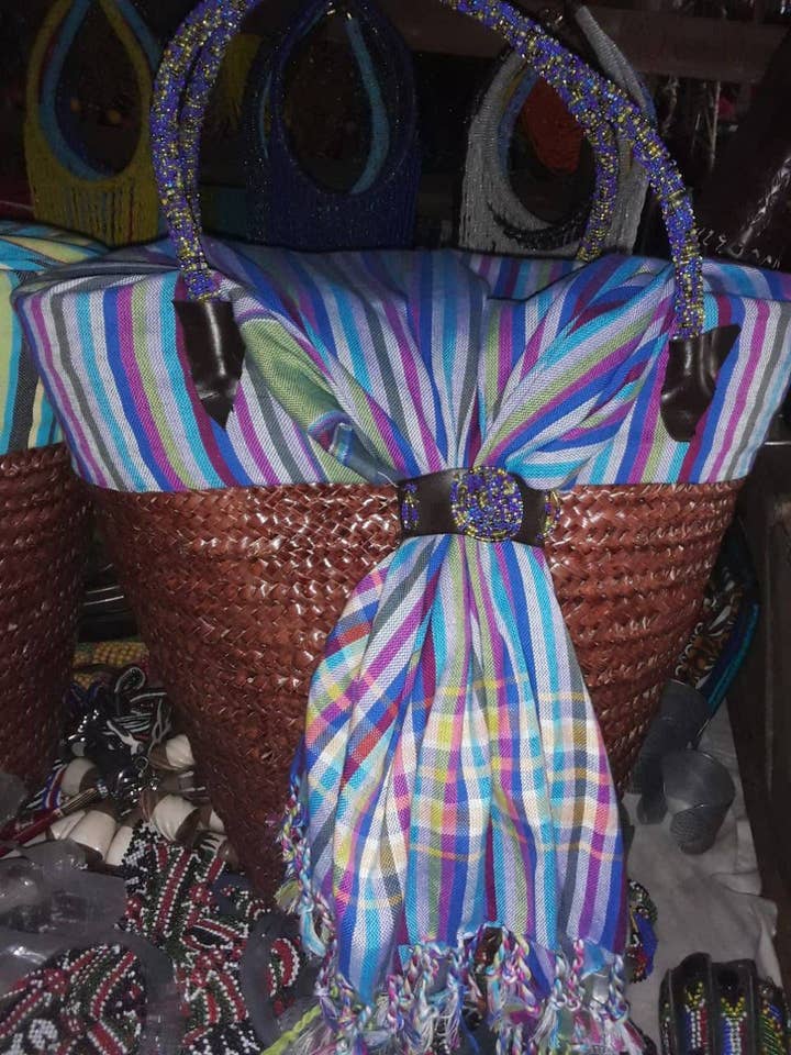 Purple Striped Cloth Palm Reeds Shopping & Picnic Basket for wholesale by Delight merchants